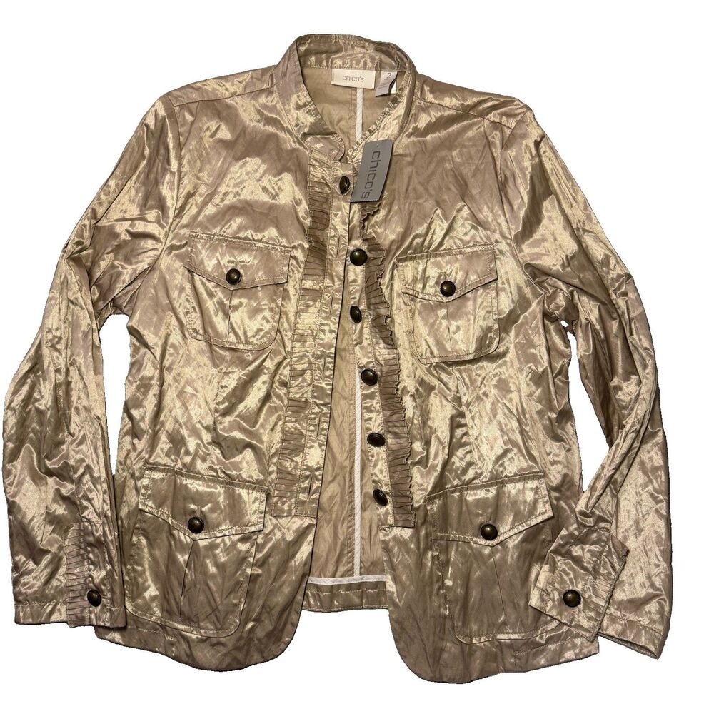Chicos Rory Ruffle Texture Jacket NWT Size 2 Large Metallic Gold Shimmer Topper